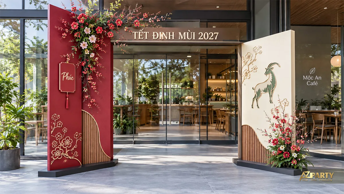 Hai mảng cổng đỏ kem tối giản với cành hoa và biểu tượng dê tại sảnh