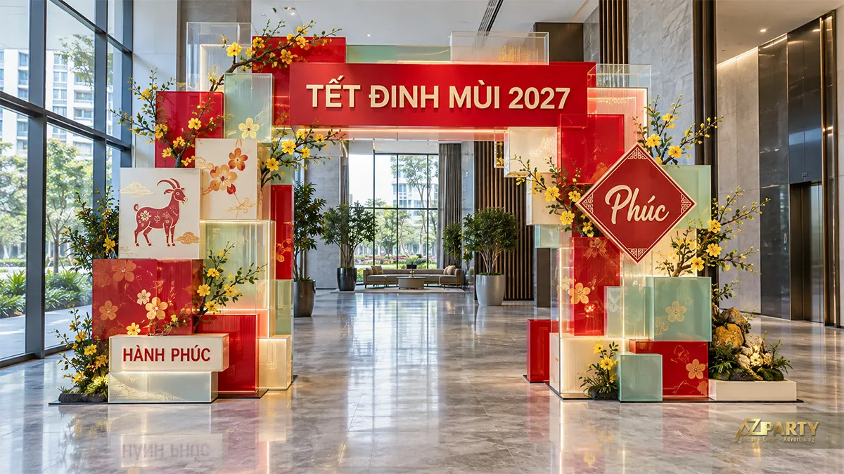 Khung cổng chữ nhật bằng khối sáng, hoa mai và biển chữ Phúc