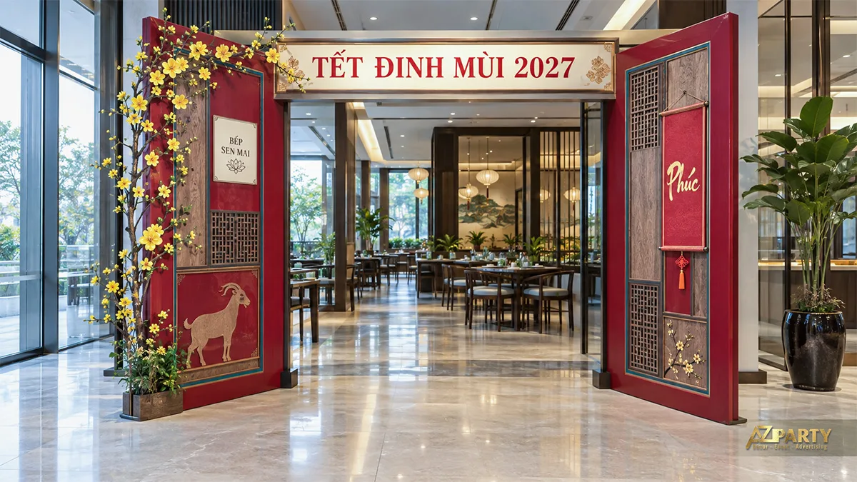 Cổng cửa mở đỏ nâu, vách nan gỗ, hoa mai vàng và biển hình dê