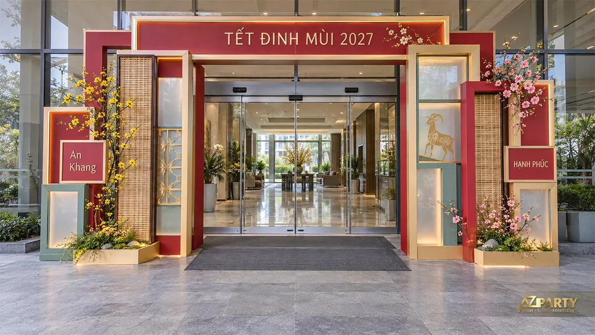 Cổng khung chữ nhật đỏ kem xanh, mây tre và hình dê tại lối vào văn phòng
