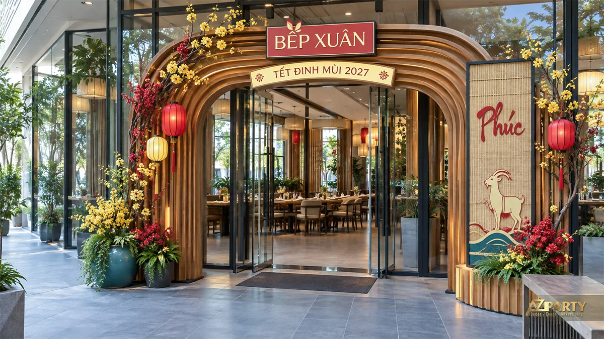 Cổng vòm gỗ nhiều lớp với đèn lồng đỏ vàng và cụm hoa hai bên