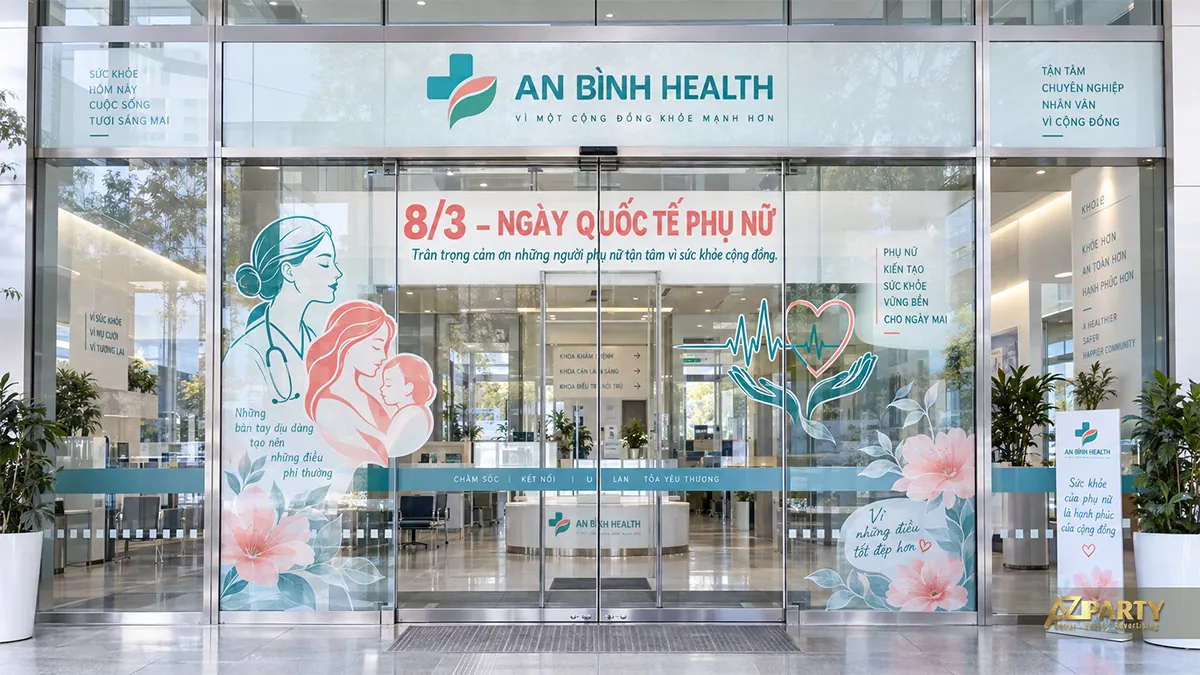 Cửa kính cơ sở y tế với nữ bác sĩ, mẹ bế bé và biểu tượng nhịp tim