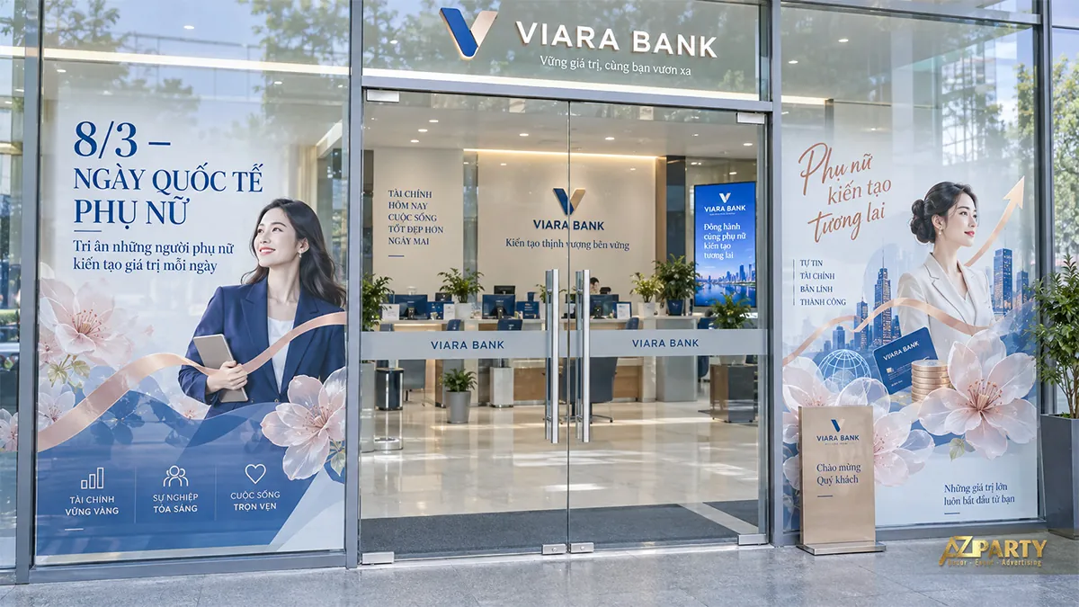 Hai mảng kính ngân hàng với phụ nữ mặc vest xanh trắng và hoa nhạt