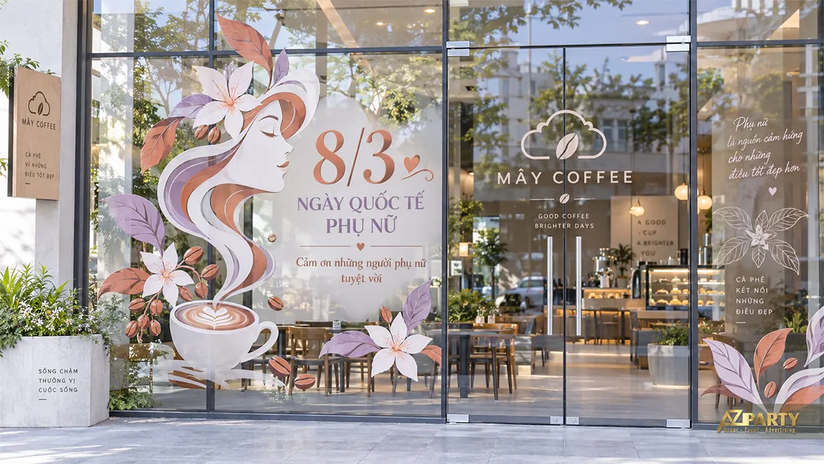Kính quán cà phê tím cam đất với chân dung phụ nữ hòa vào làn hơi cà phê