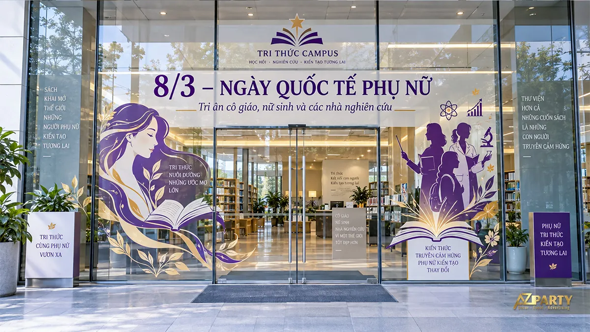 Kính trường học tím vàng với người đọc sách, cô giáo và nữ nghiên cứu