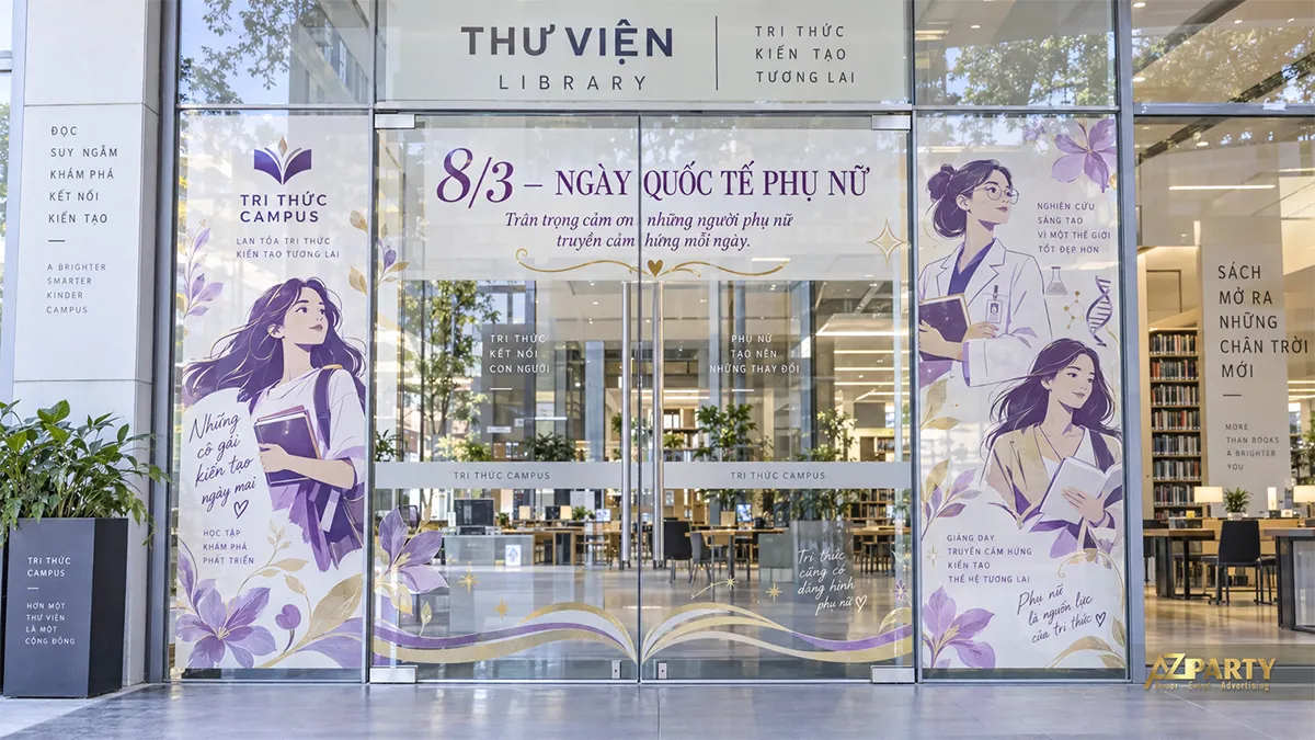 Cửa kính thư viện với nữ sinh, giảng viên, nhà nghiên cứu và sách mở