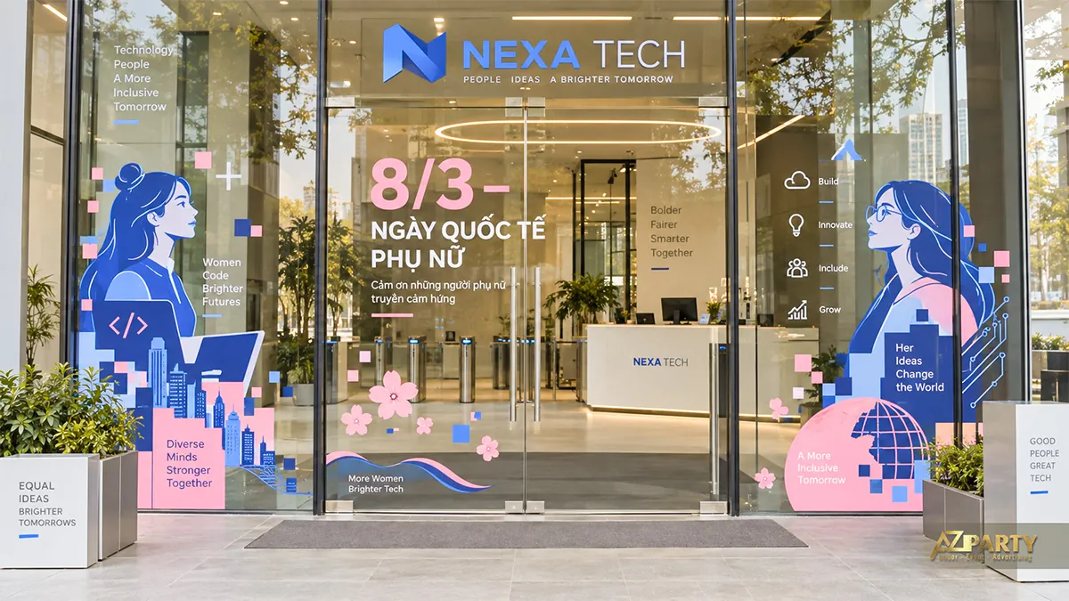 Cửa kính công ty công nghệ xanh hồng với nữ lập trình viên và họa tiết mạch
