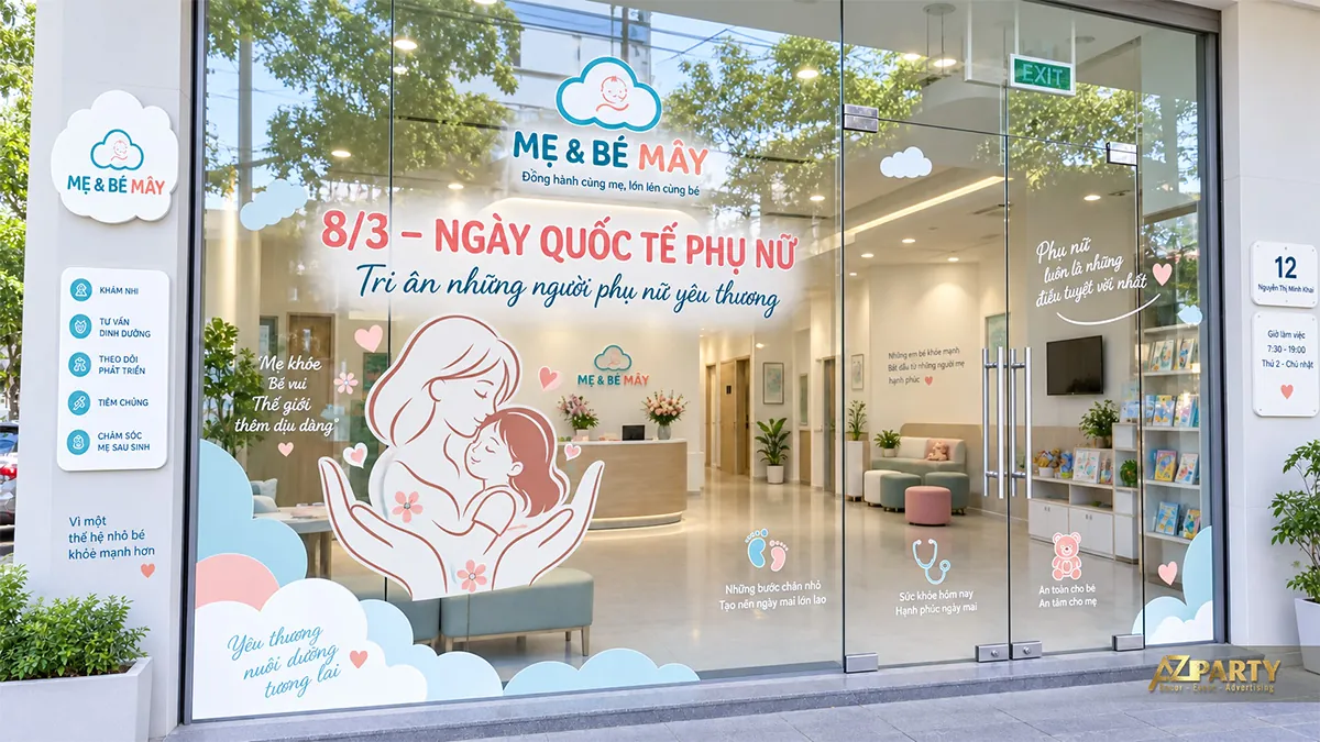 Cửa kính mẹ và bé xanh hồng với mẹ ôm con, trái tim và đám mây