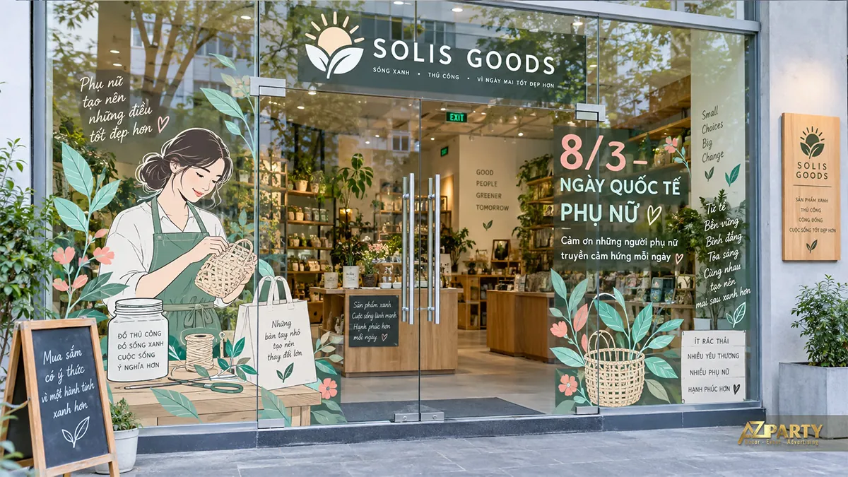 Kính cửa hàng đồ thủ công xanh hồng với cô gái đan giỏ và lá cây