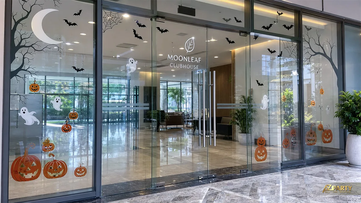 Cửa kính clubhouse trang trí bí ngô, ma trắng, cây khô, trăng khuyết và đàn dơi