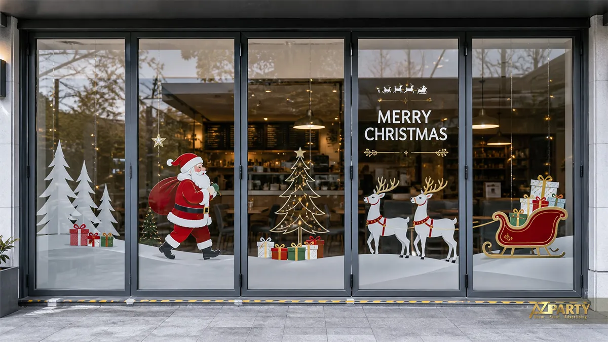 Cửa kính bốn cánh với decal ông già Noel, tuần lộc, cây thông và xe trượt tuyết