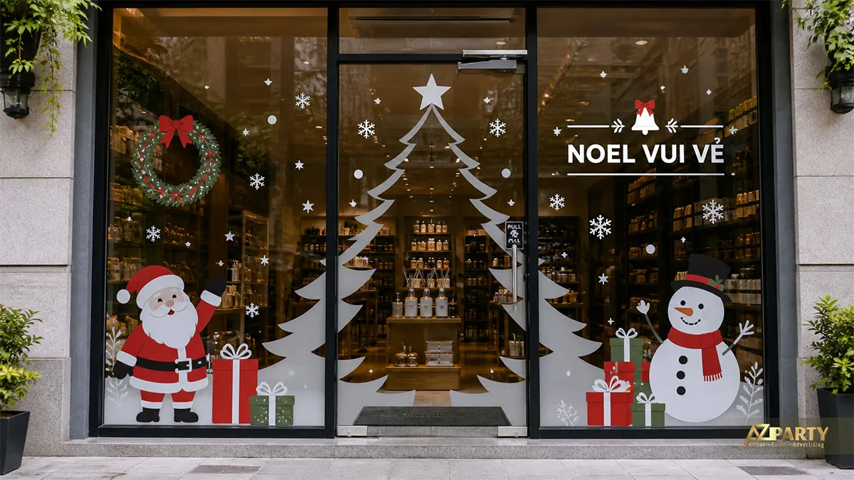 Decal Noel cửa kính với cây thông trắng, ông già Noel, người tuyết và dòng Noel vui vẻ