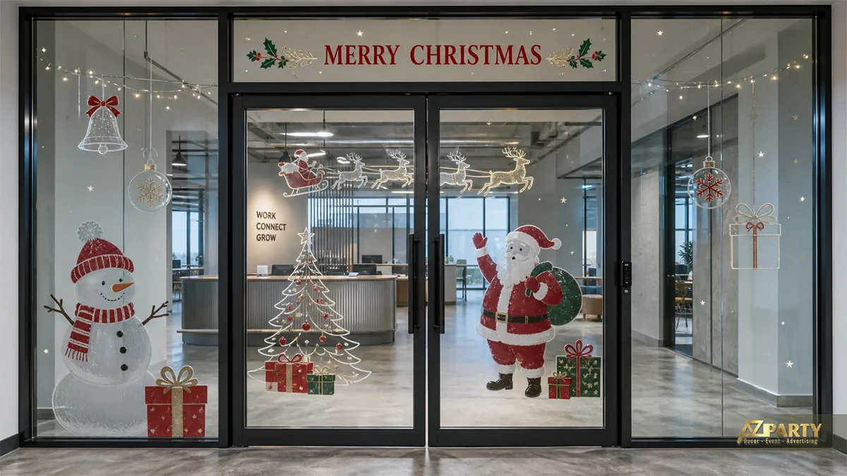 Cửa ra vào văn phòng trang trí decal Noel gồm người tuyết, ông già Noel và xe tuần lộc