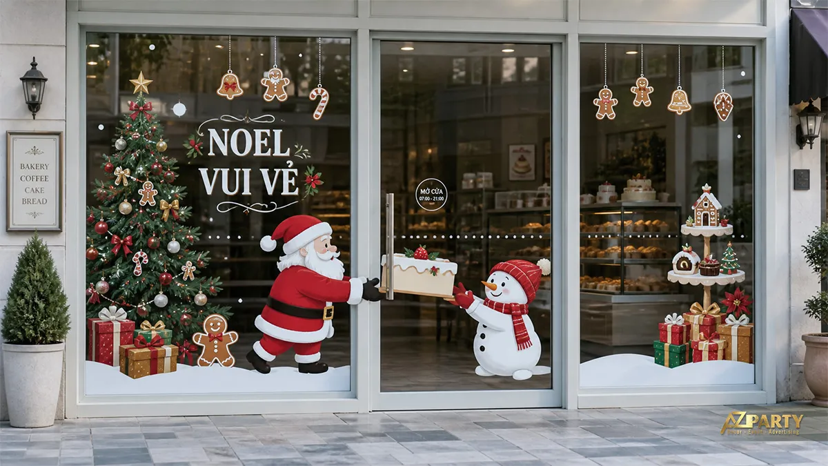 Mặt kính quán cà phê trang trí ông già Noel tặng quà cho người tuyết, cây thông và bánh gừng