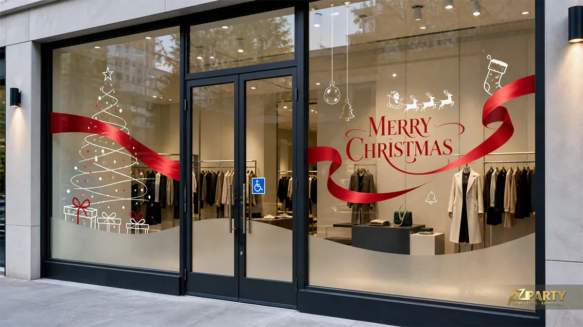 Cửa kính boutique với decal cây thông nét mảnh, dải ruy băng đỏ và chữ Merry Christmas