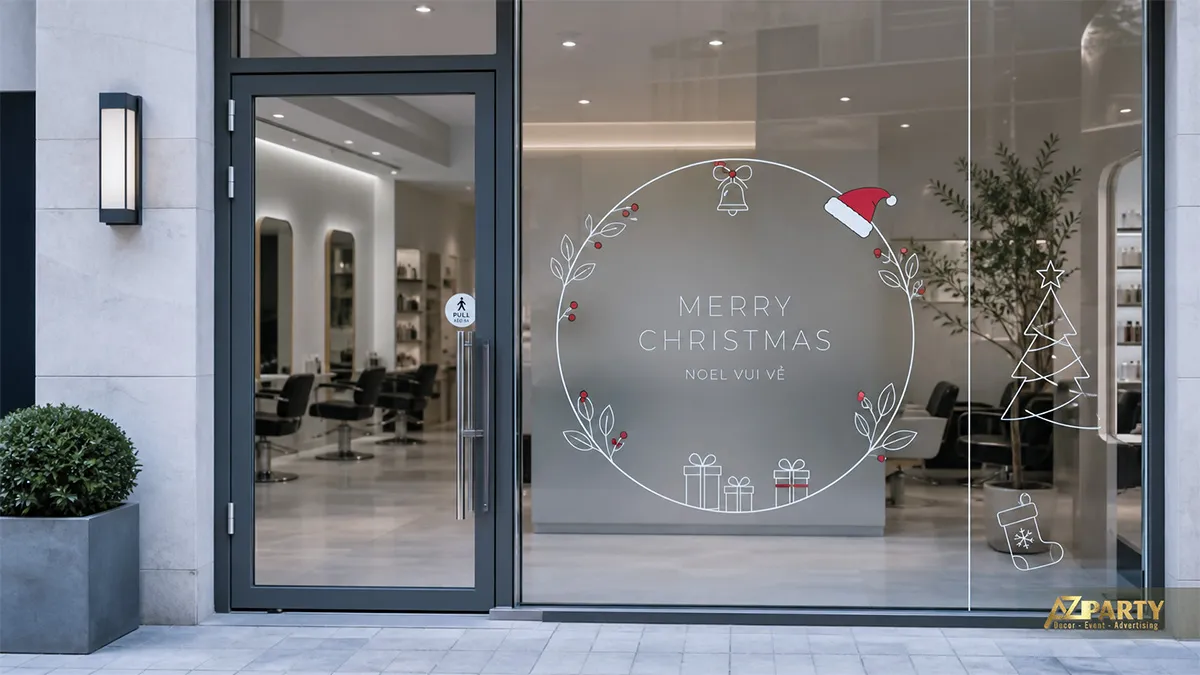 Cửa kính văn phòng với decal vòng nguyệt quế mảnh, cây thông và lời chúc Noel tối giản