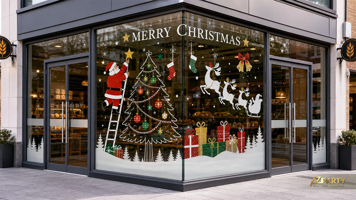 Cửa kính góc quán với decal ông già Noel, cây thông, tuần lộc và quà dạng minh họa