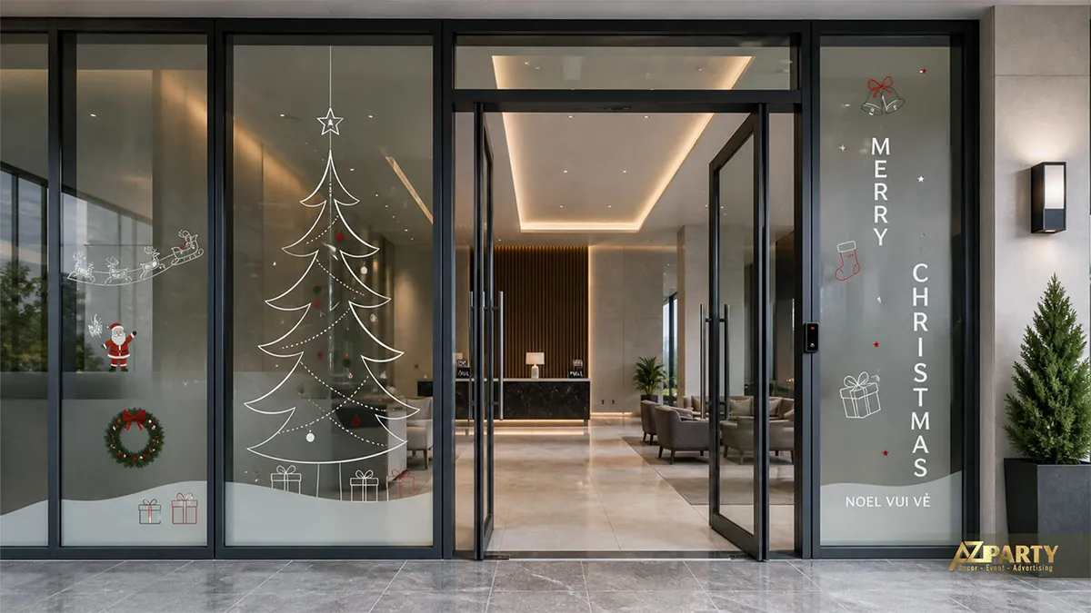 Cửa kính sảnh tối giản với cây thông nét trắng, hộp quà và chữ Merry Christmas dọc