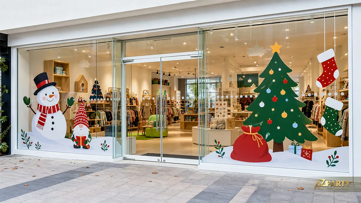 Cửa kính cửa hàng trẻ em với decal người tuyết, cây thông, chú lùn và tất Noel
