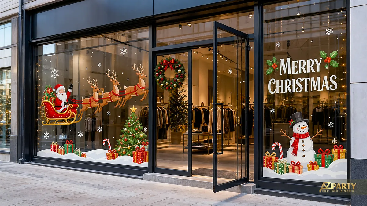Cửa kính boutique với decal xe tuần lộc, cây thông, người tuyết, vòng lá và quà Noel