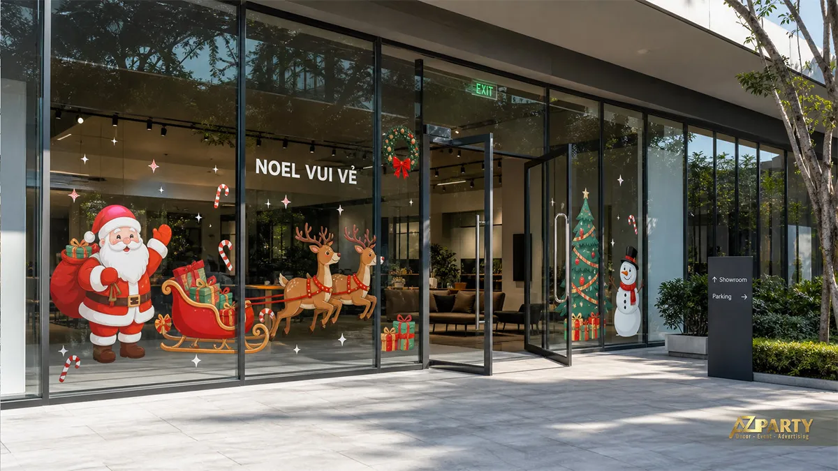 Mặt kính cửa hàng với decal ông già Noel, xe tuần lộc, người tuyết và dòng Noel vui vẻ