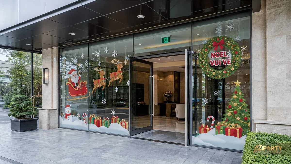 Lối vào kính với decal xe tuần lộc, cây thông, quà tặng và vòng hoa Noel