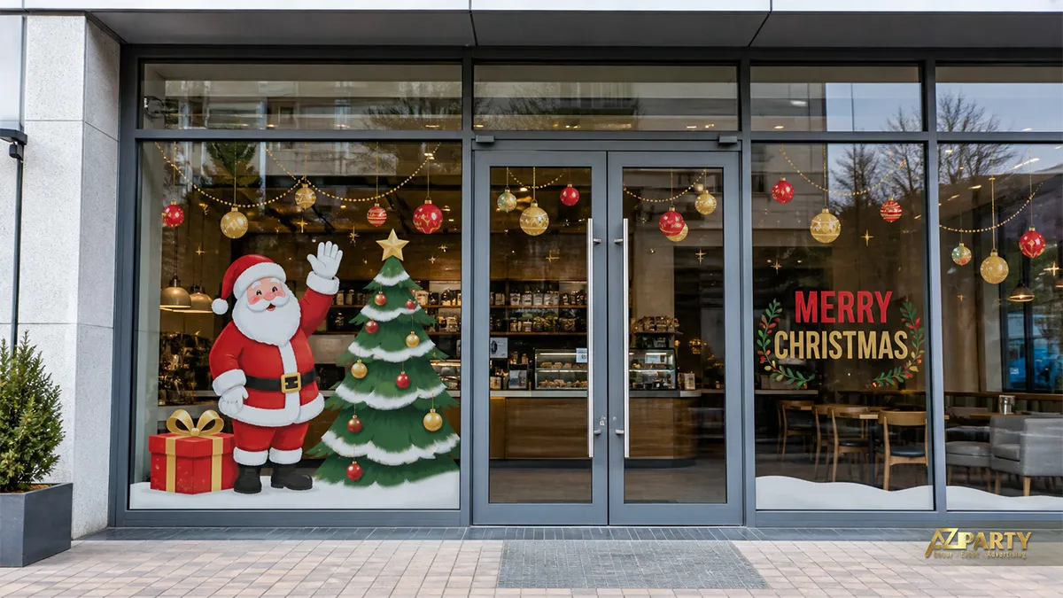 Cửa kính quán cà phê với decal ông già Noel, cây thông, hộp quà và châu treo