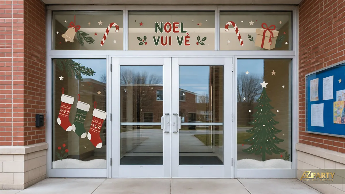 Cửa kính trường học với decal tất Noel, cây thông và lời chúc Noel vui vẻ