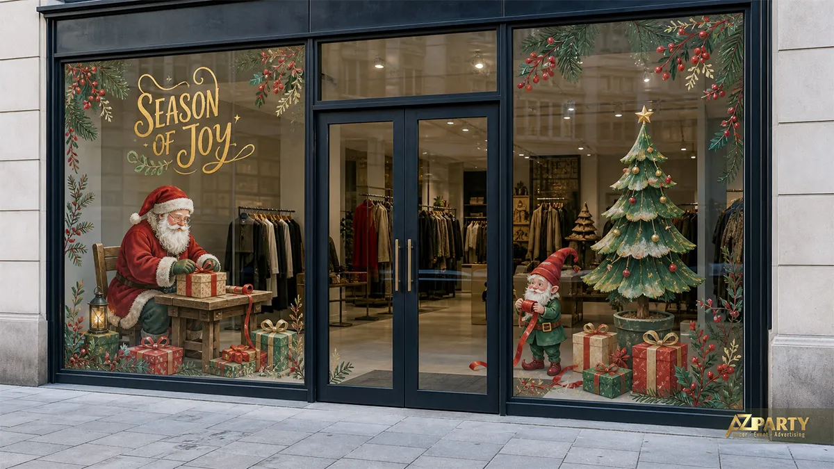 Mặt kính boutique với tranh decal ông già Noel gói quà cạnh cây thông