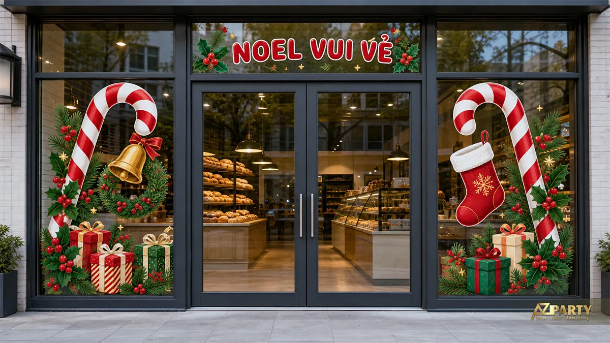 Cửa kính tiệm bánh trang trí kẹo gậy, tất Noel, vòng lá và hộp quà