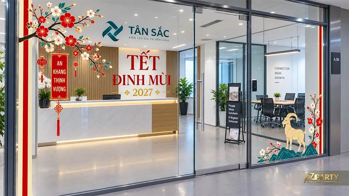 Decal hoa đào, đèn lồng và hình dê trang trí vách kính văn phòng