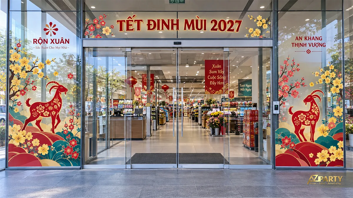 Decal mặt tiền siêu thị với hình dê đỏ, hoa mai đào và lời chúc năm mới