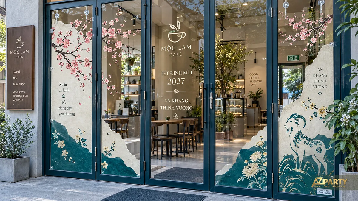 Decal cửa kính quán cà phê tông xanh kem với hoa đào và hình dê