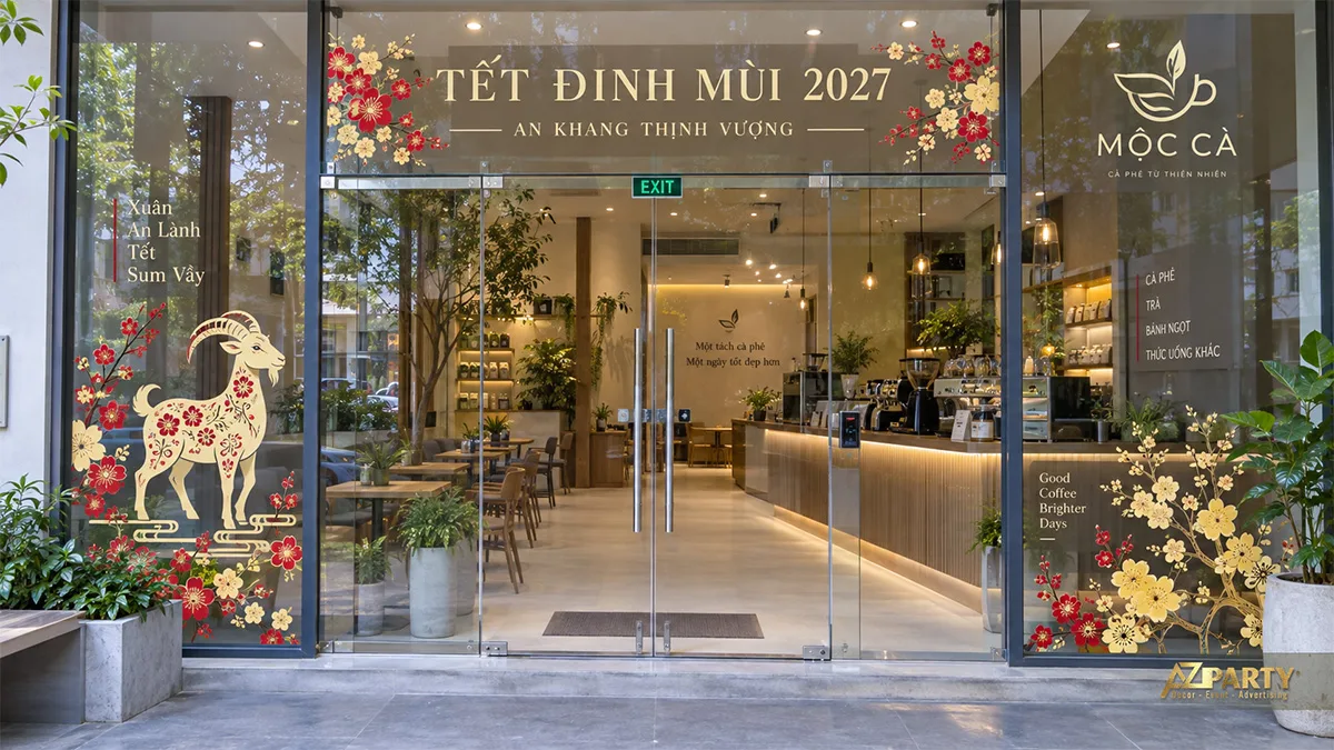 Decal cửa kính quán cà phê với chữ chúc xuân, hoa mai đào và hình dê