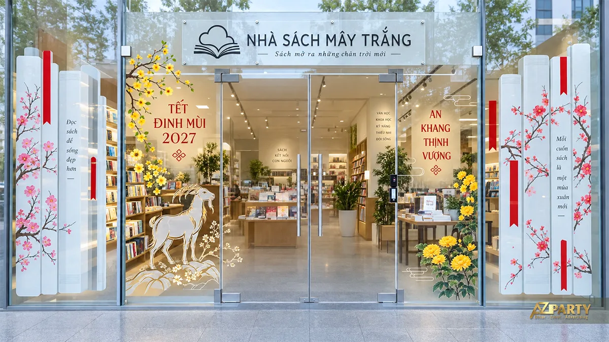Decal cửa nhà sách với hình sách, hoa mai đào và mô hình dê