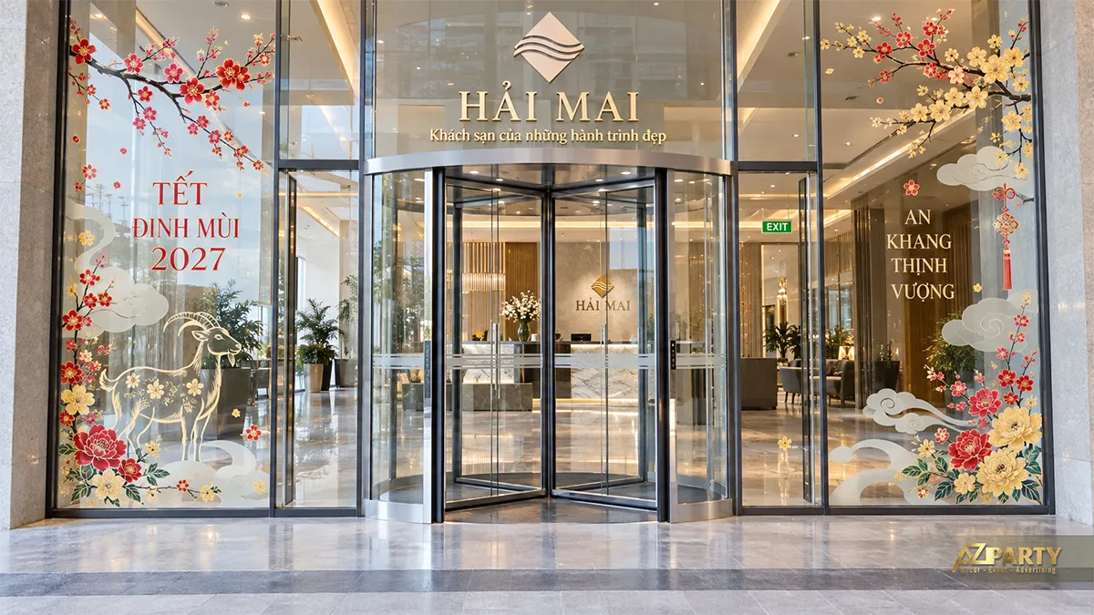 Decal kính quanh cửa xoay khách sạn với hoa đào mai, mây và hình dê