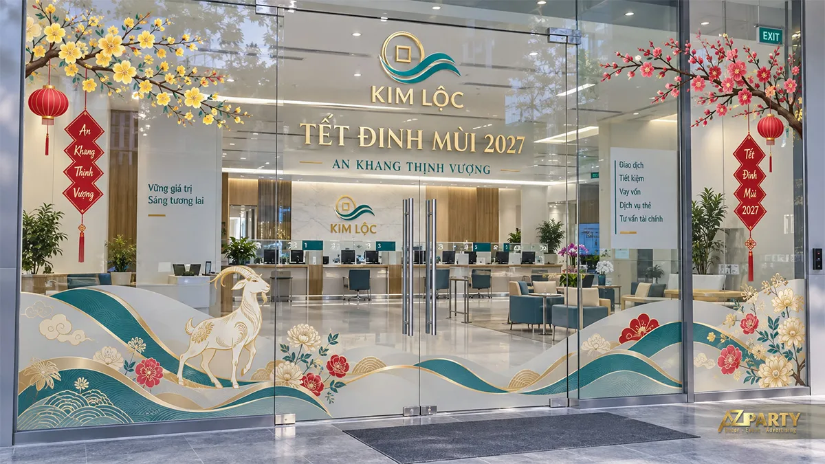 Decal cửa kính ngân hàng với dải sóng xanh, hoa mai đào và hình dê