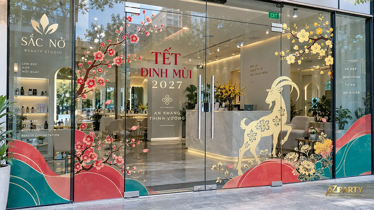 Decal cửa tiệm làm đẹp với hoa đào, hoa mai, dải màu và hình dê vàng