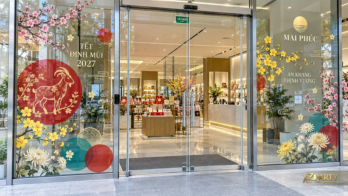 Decal cửa hàng với hình dê trong vòng đỏ, hoa mai đào và hoa cúc