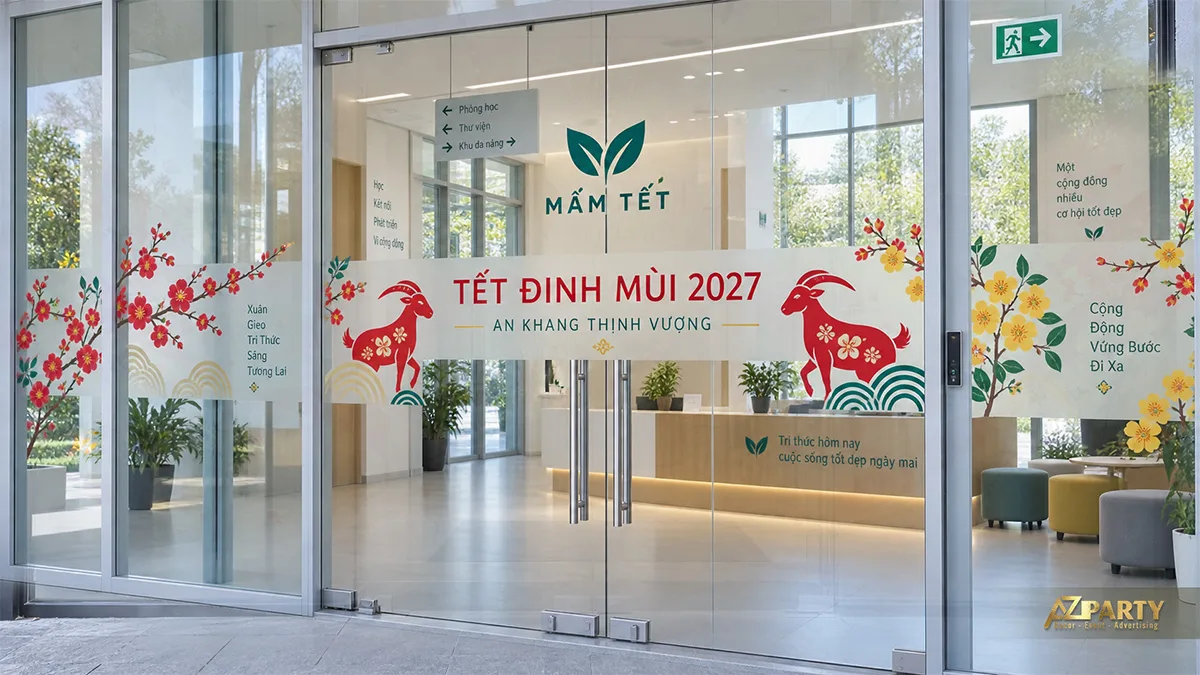 Decal dải mờ trên cửa kính trung tâm học tập với hai hình dê đỏ