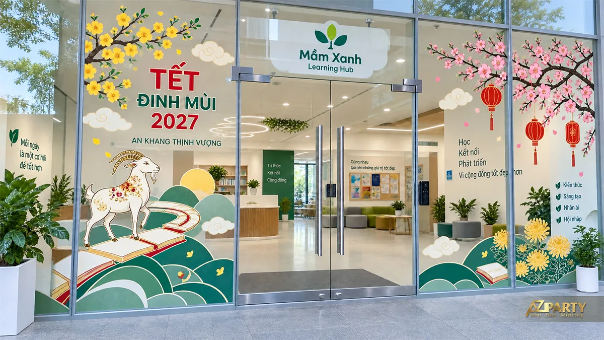 Decal cửa trung tâm học tập với sách, hoa mai đào, đèn lồng và hình dê