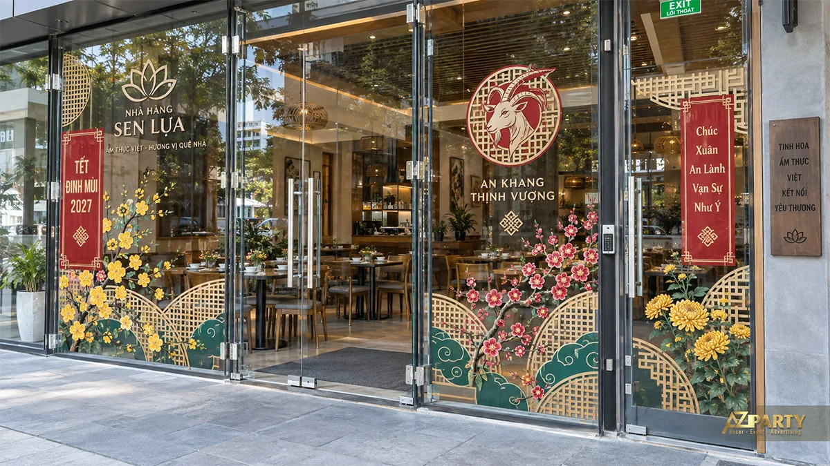 Decal cửa nhà hàng với khung mây tre, hoa mai đào và biểu tượng dê