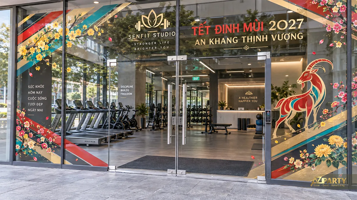 Decal mặt tiền phòng gym với dải đỏ xanh, hoa và hình dê cách điệu
