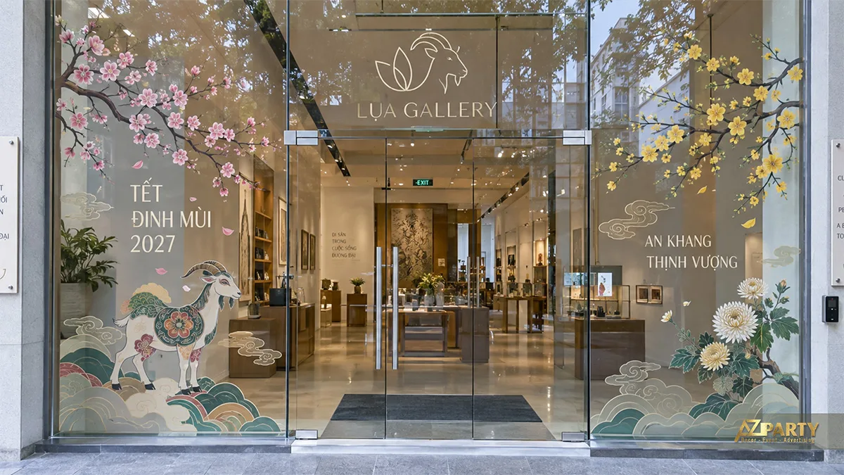 Decal cửa gallery với hình dê, mây, hoa mai đào và hoa cúc