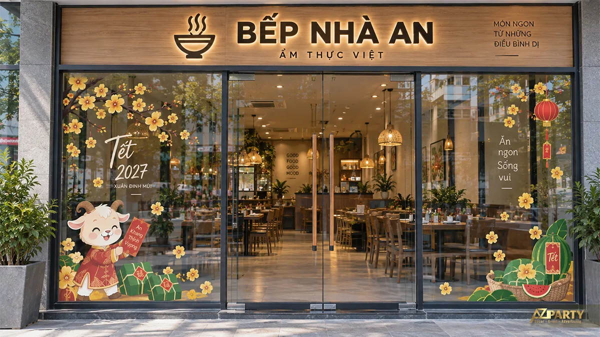 Decal cửa nhà hàng với dê hoạt hình, bánh chưng, dưa hấu và hoa mai