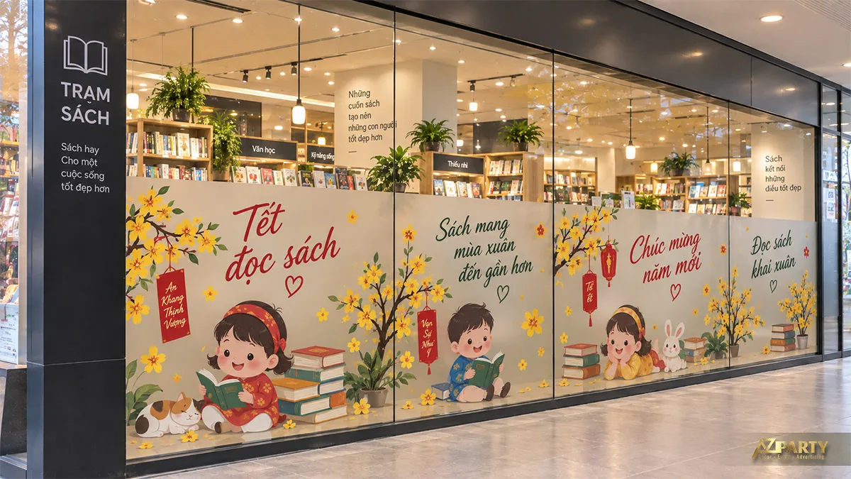 Decal vách kính nhà sách với trẻ em đọc sách, hoa mai và đèn lồng