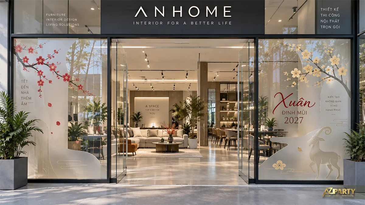 Decal cửa showroom nội thất tông nhẹ với hoa mai đào và hình dê