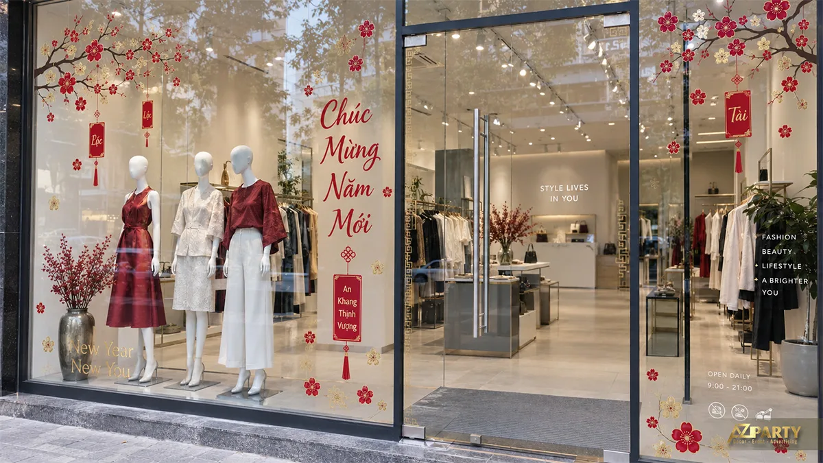 Decal cửa hàng thời trang với hoa đào, thẻ chúc Tết và ma-nơ-canh