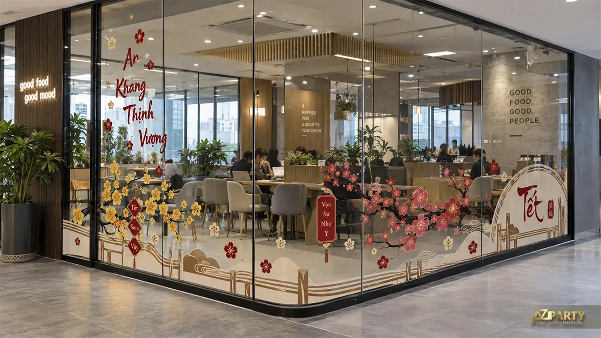 Decal vách kính nhà hàng với hoa mai đào, hàng rào và chữ chúc năm mới