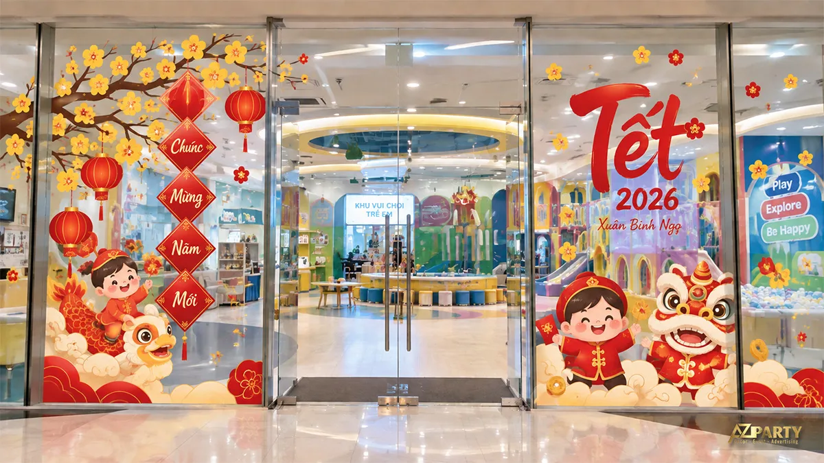 Decal cửa khu vui chơi với lân, đèn lồng, hoa mai và nhân vật thiếu nhi